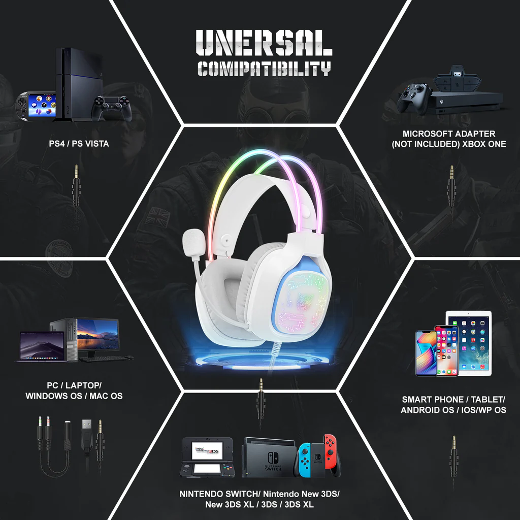 ONIKUMA X22 Breathing Lights Over-Ear Wired Gaming Headphones (White)